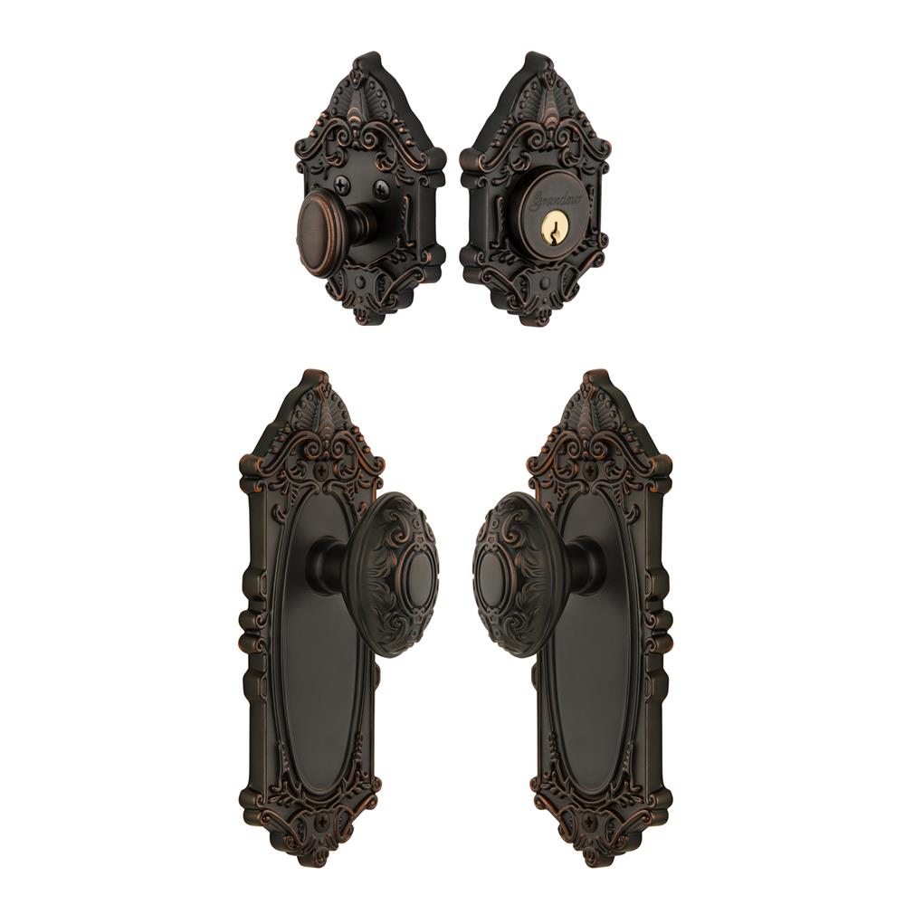 Grandeur by Nostalgic Warehouse Single Cylinder Combo Pack Keyed Differently - Grande Victorian Plate with Grande Victorian Knob and Matching Deadbolt in Timeless Bronze